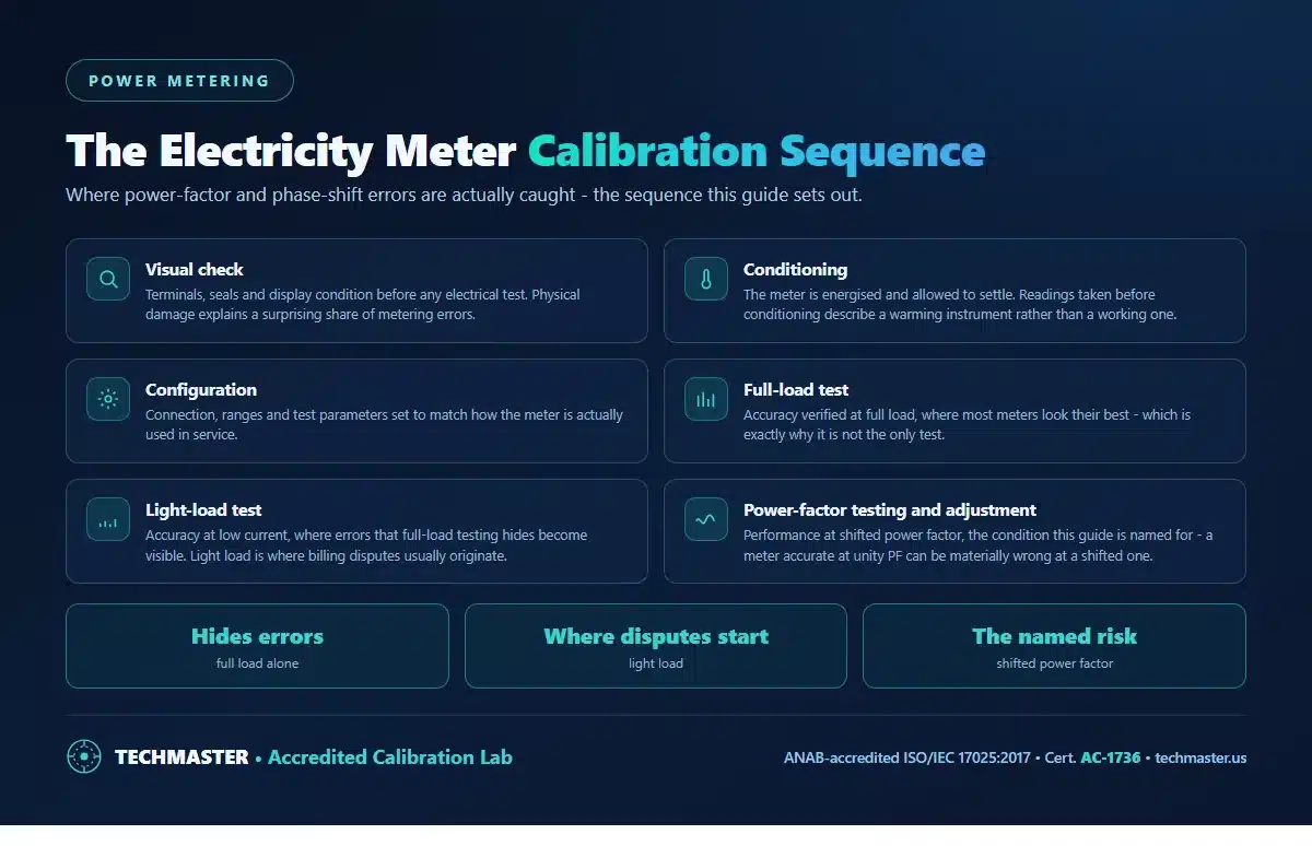 The electricity meter calibration sequence - visual check, conditioning, configuration, full-load test, light-load test and power-factor testing where phase-shift errors are caught