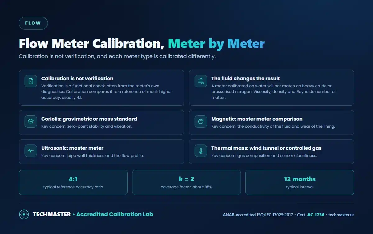 Flow meter calibration - calibration versus verification with a 4 to 1 reference, fluid properties, and the calibration method and key concern for Coriolis, magnetic, ultrasonic and thermal mass meters