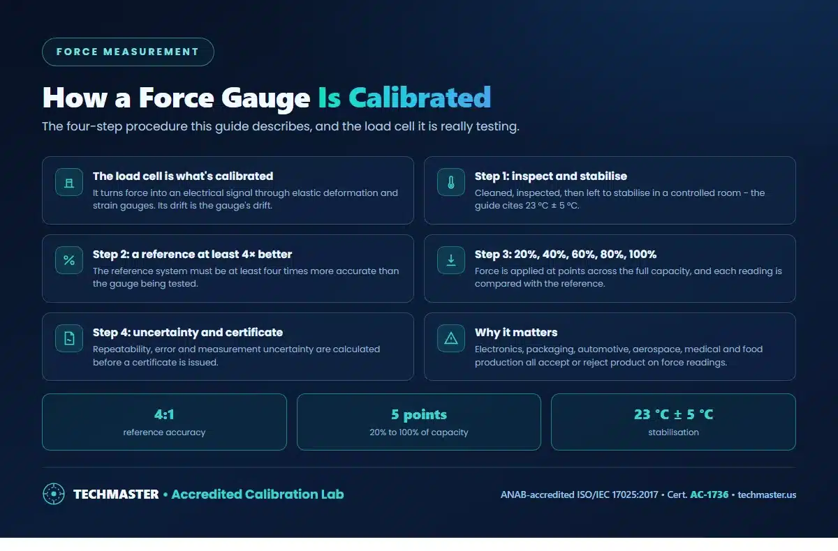 How a force gauge is calibrated - the load cell, inspection and stabilisation at 23 C plus or minus 5 C, a reference at least four times more accurate, readings at 20 to 100 percent of capacity, uncertainty and certificate