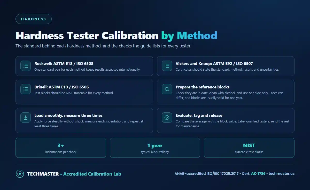 Hardness tester calibration by method - Rockwell ASTM E18 and ISO 6508, Vickers and Knoop ASTM E92 and ISO 6507, Brinell ASTM E10 and ISO 6506, plus preparing reference blocks, measuring at least three indentations, and tagging the tester