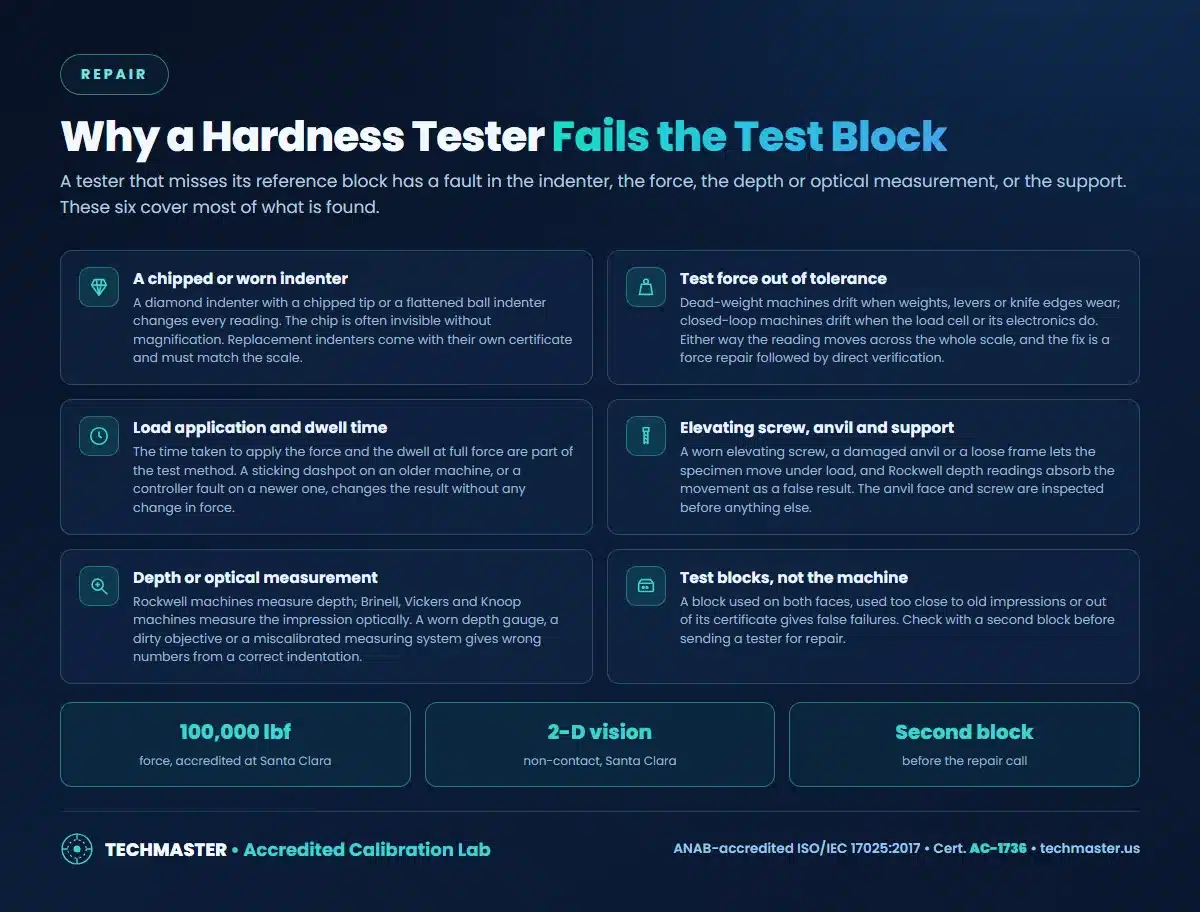 Why a hardness tester fails the test block: chipped indenter, test force, load application and dwell, elevating screw and anvil, depth or optical measurement, worn test blocks