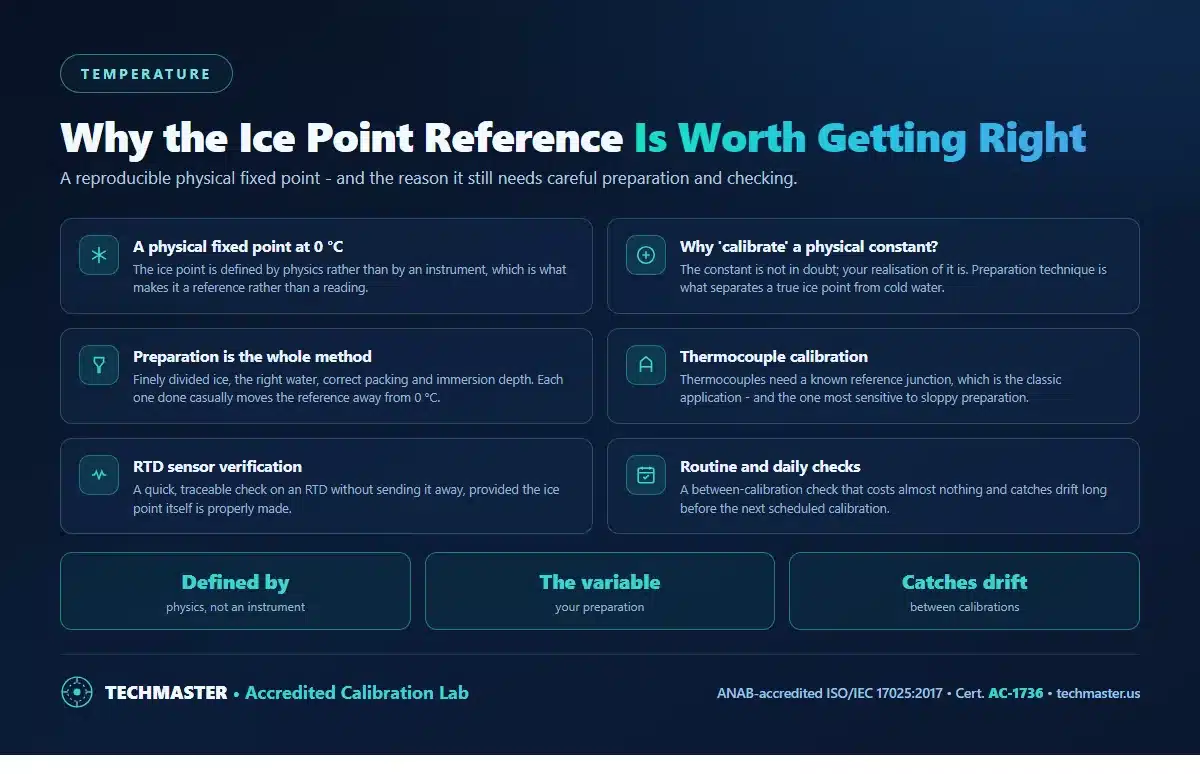 Why the ice point reference is worth getting right - a physical fixed point at 0 C, why a physical constant still needs careful realisation, preparation as the whole method, thermocouple calibration, RTD sensor verification, and routine daily checks