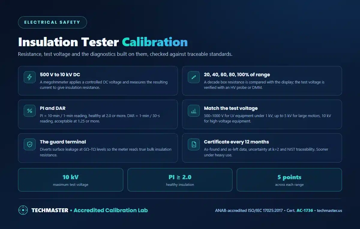 Insulation tester calibration - DC test voltages from 500 V to 10 kV, checks at 20 to 100 percent of range, polarization index and dielectric absorption ratio, test voltage selection, the guard terminal, and a 12 month certificate