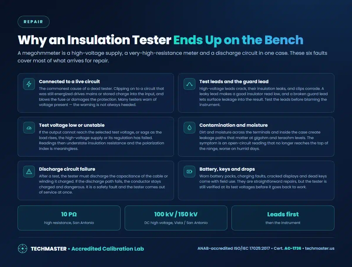Insulation tester repair faults: connected to a live circuit, test and guard leads, low test voltage, contamination and moisture, discharge circuit failure, battery and drops