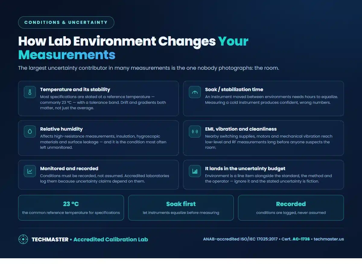 How lab environment changes measurements - temperature and stability, soak and stabilization time, relative humidity, EMI and vibration, monitoring records, and the uncertainty budget