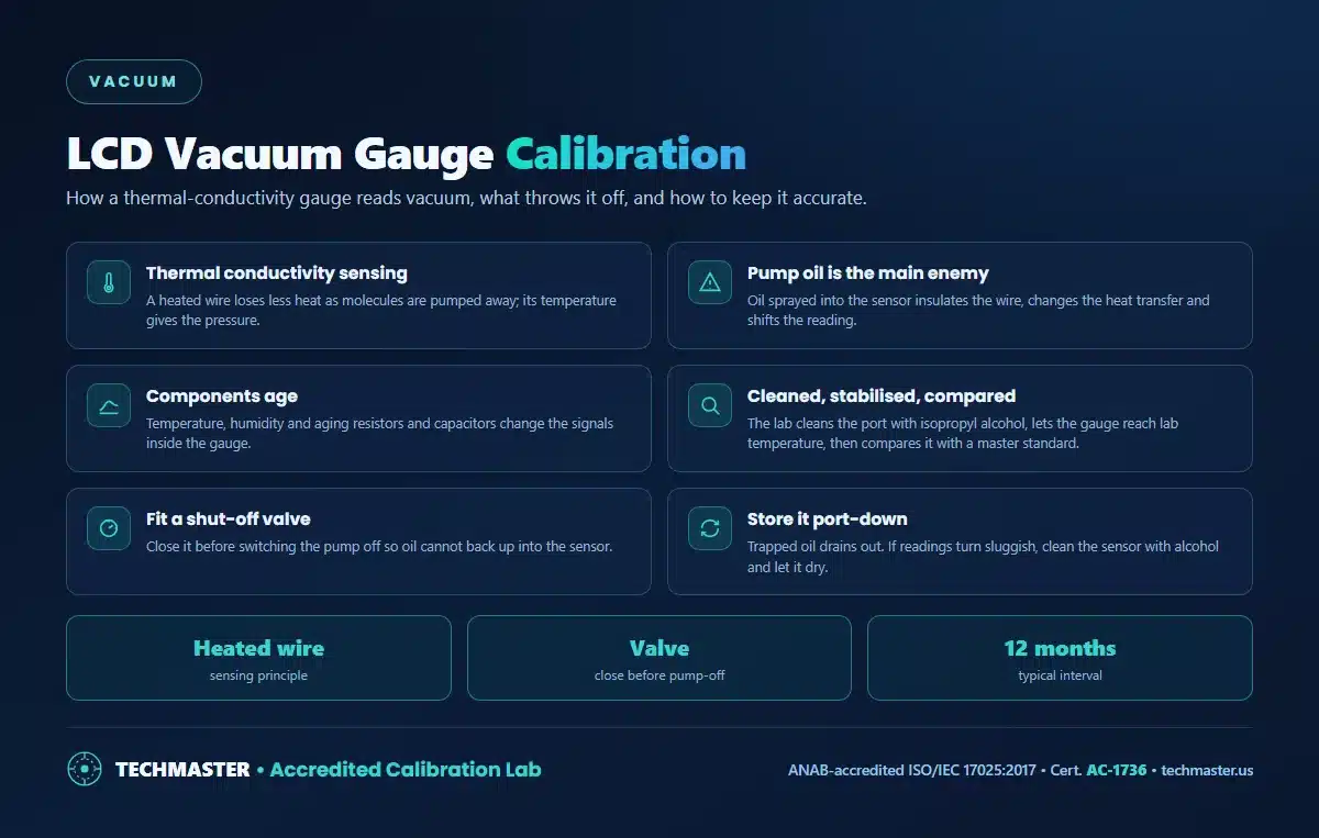 LCD vacuum gauge calibration - thermal conductivity sensing with a heated wire, pump oil contamination, component aging, lab cleaning, stabilisation and master comparison, a shut-off valve, and storing the gauge port-down