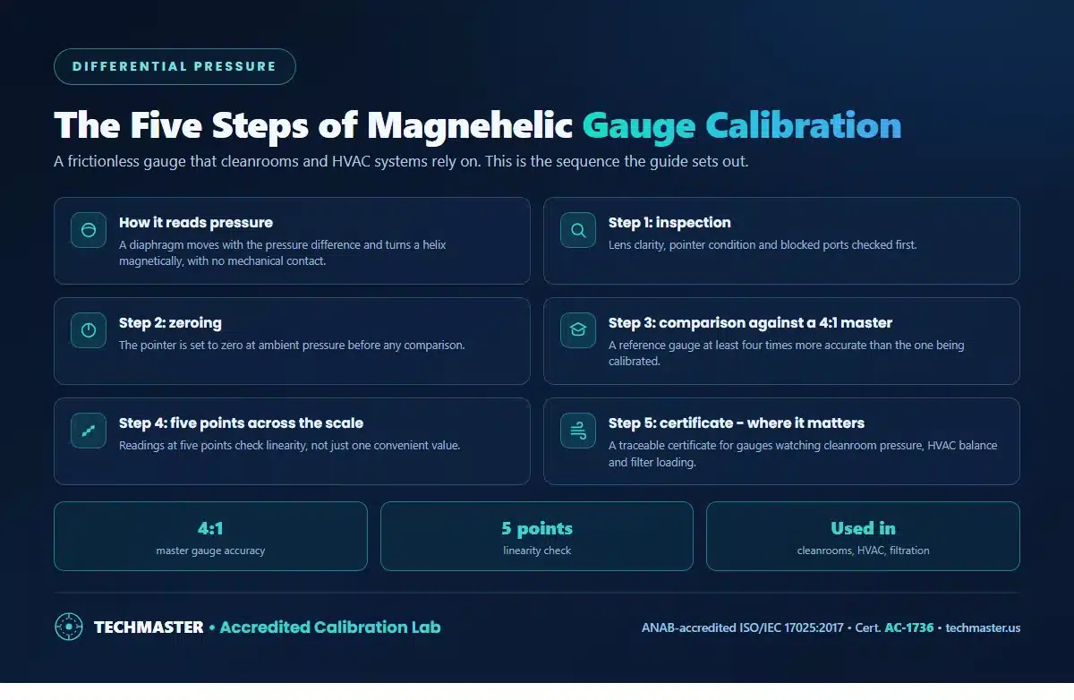 The five steps of Magnehelic gauge calibration - inspection, zeroing, comparison against a 4 to 1 master gauge, testing at five points across the scale, and certification for cleanroom, HVAC and filtration use