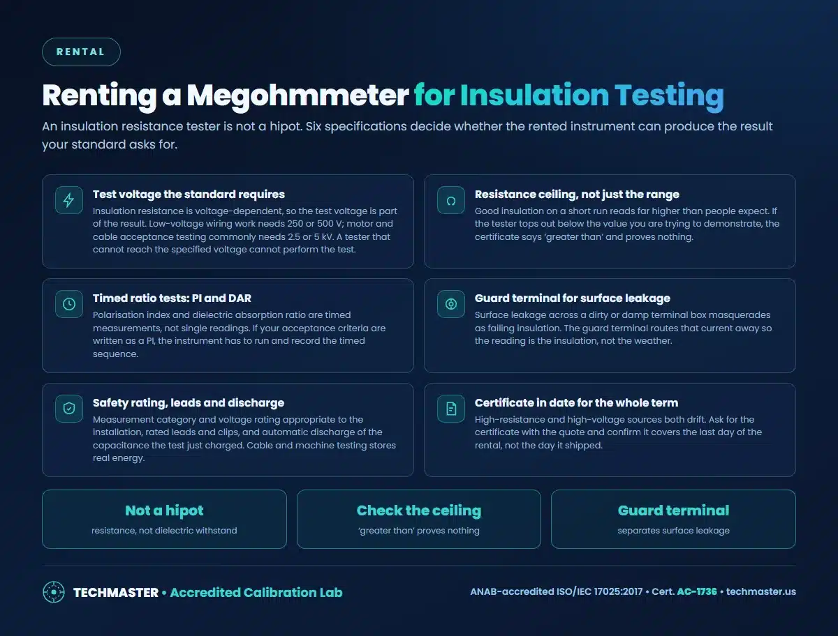 Renting a megohmmeter for insulation testing: test voltage, resistance ceiling, timed PI and DAR tests, guard terminal, safety rating and discharge, certificate in date for the term