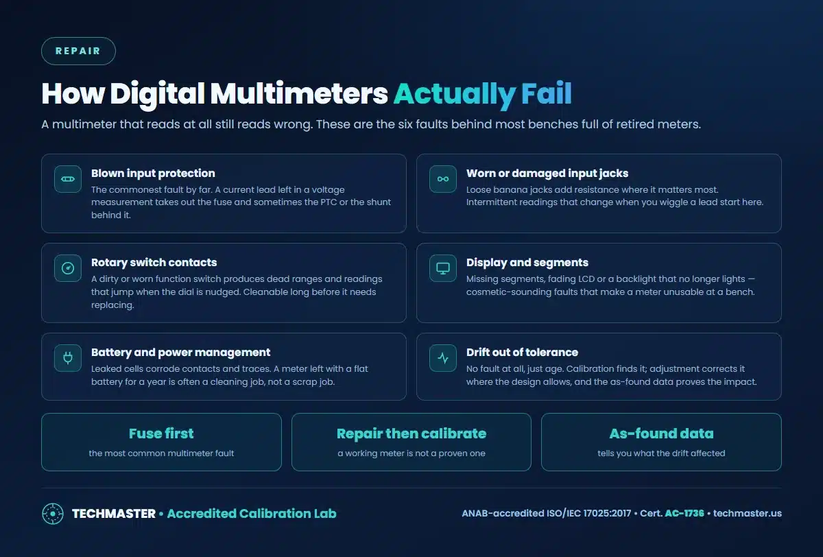 How digital multimeters fail: input protection, jacks, rotary switch, display, battery corrosion, drift