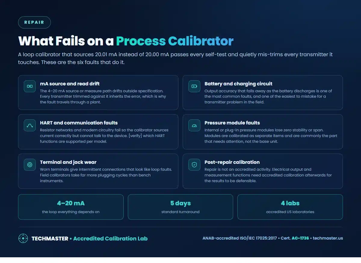 Six faults that put a process calibrator out of tolerance: mA source drift, battery, HART comms, pressure modules, terminal wear and post-repair calibration
