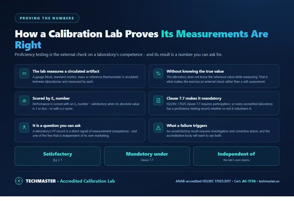How a calibration lab proves its measurements are right - measuring a circulated artifact without knowing the true value, scoring by En number satisfactory at 1 or less, ISO/IEC 17025 clause 7.7 making participation mandatory, and what an unsatisfactory result triggers