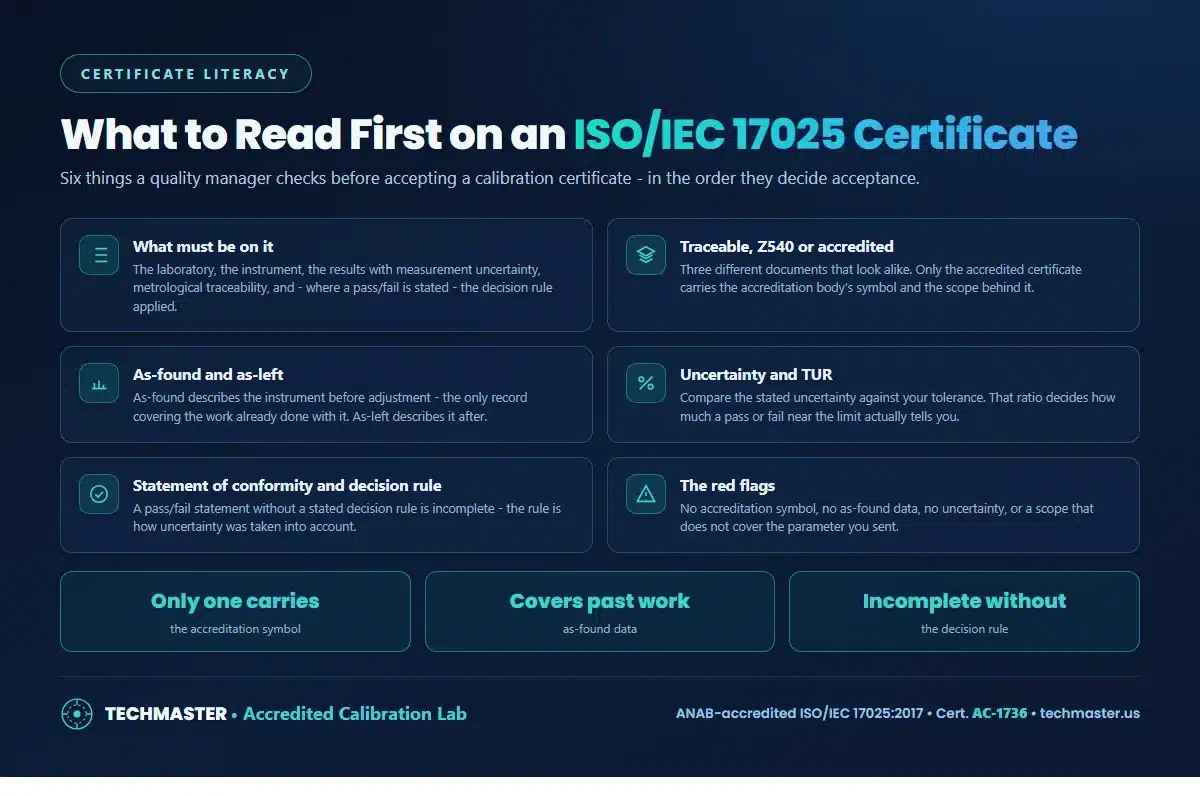 What to read first on an ISO/IEC 17025 calibration certificate - required content, the difference between traceable, Z540 and accredited certificates, as-found and as-left data, uncertainty and TUR, the statement of conformity and decision rule, and the red flags