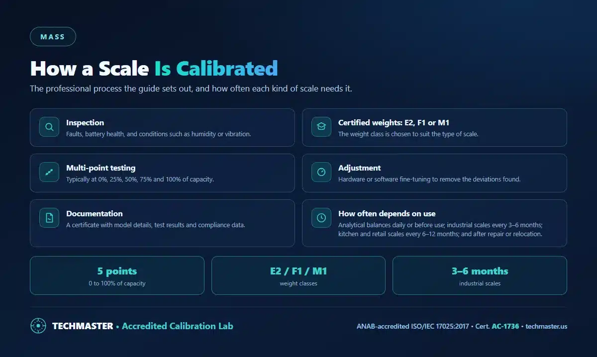 How a scale is calibrated - inspection, certified E2, F1 or M1 weights, testing at 0, 25, 50, 75 and 100 percent of capacity, adjustment, documentation, and how often each type of scale needs calibrating