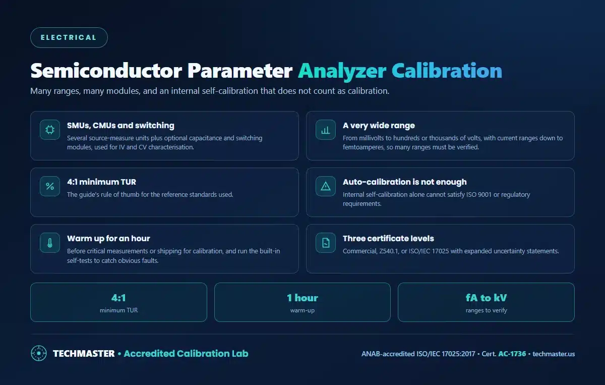 Semiconductor parameter analyzer calibration - SMU, CMU and switching modules, ranges from femtoamperes to kilovolts, a 4 to 1 minimum TUR, why auto-calibration is not enough, one hour warm-up and self-tests, and three certificate levels