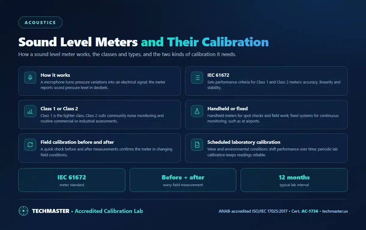 Sound level meters and their calibration - how the microphone and meter work, IEC 61672, Class 1 and Class 2, handheld and fixed systems, field calibration before and after measurements, and scheduled laboratory calibration