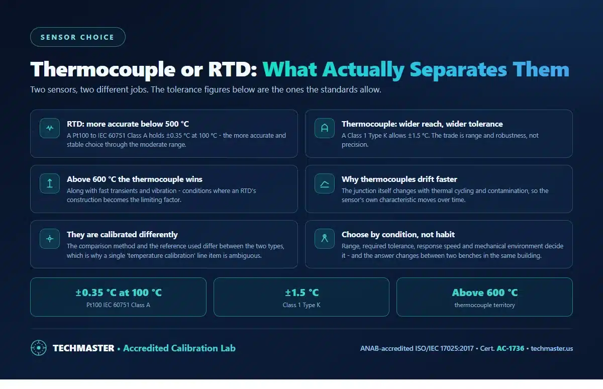 Thermocouple versus RTD compared - a Pt100 to IEC 60751 Class A holds plus or minus 0.35 C at 100 C, a Class 1 Type K allows plus or minus 1.5 C, thermocouples win above 600 C and in fast transients and vibration, and the two types are calibrated differently