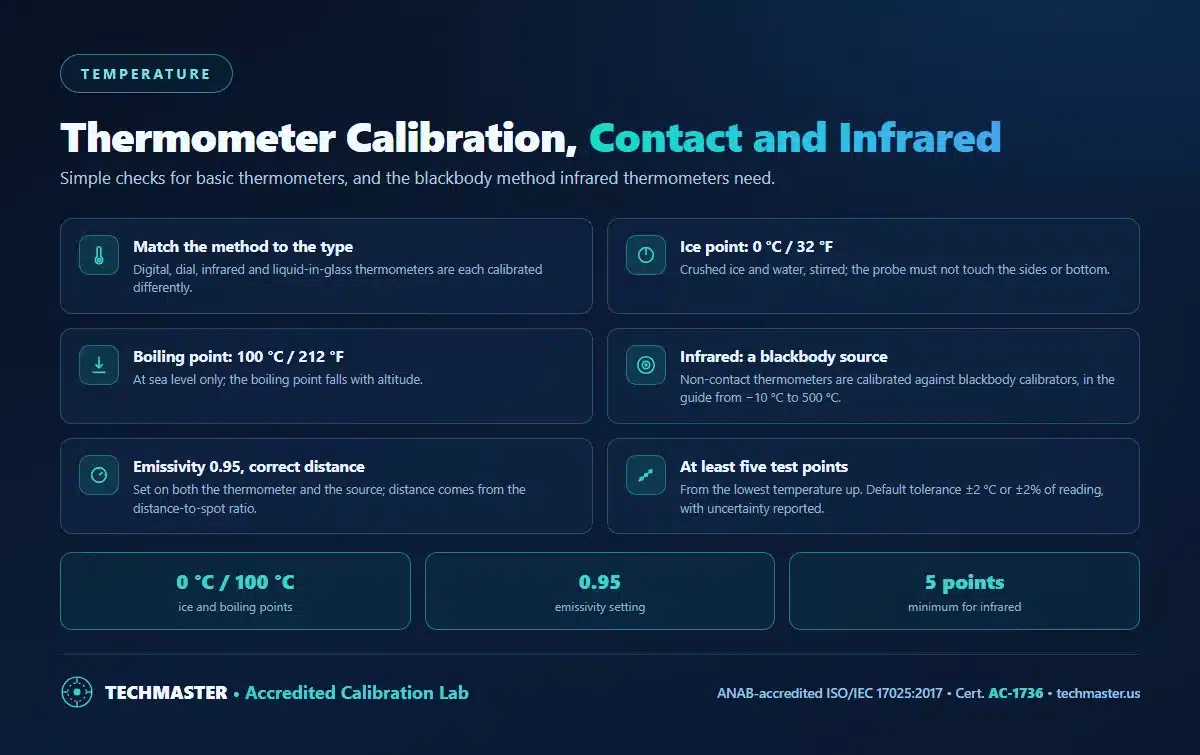 Thermometer calibration for contact and infrared thermometers - ice point and boiling point checks, blackbody calibration of infrared thermometers, emissivity 0.95 and distance-to-spot ratio, and at least five test points