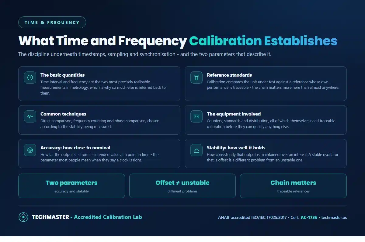 What time and frequency calibration establishes - the basic quantities, reference standards, common techniques, the equipment involved, and the two parameters accuracy and stability