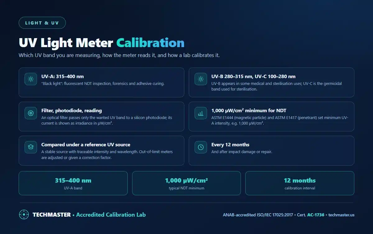 UV light meter calibration - UV-A, UV-B and UV-C bands, how the filter and photodiode produce a reading, the 1,000 microwatt per square centimetre minimum in ASTM E1444 and E1417, comparison under a reference UV source, and a 12 month interval
