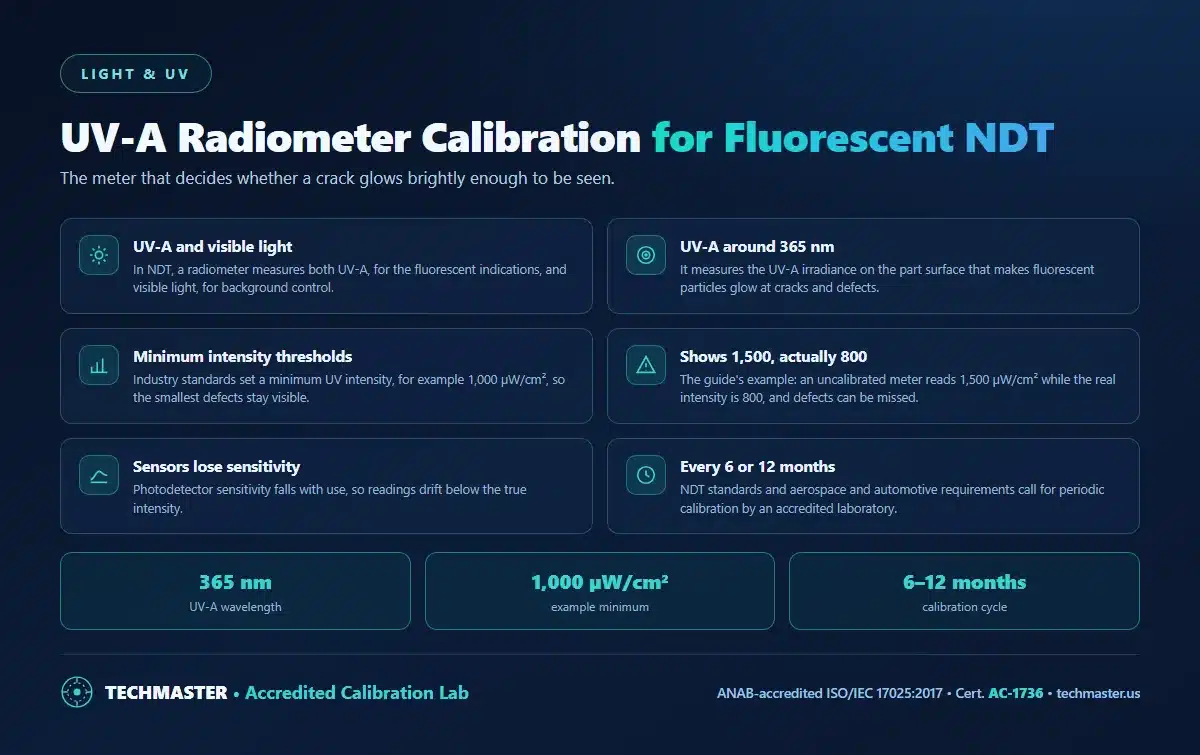 UV-A radiometer calibration for fluorescent NDT - measuring UV-A around 365 nm and visible light, minimum intensity thresholds such as 1,000 microwatts per square centimetre, an uncalibrated meter reading 1,500 when the real intensity is 800, sensor degradation, and a 6 to 12 month cycle