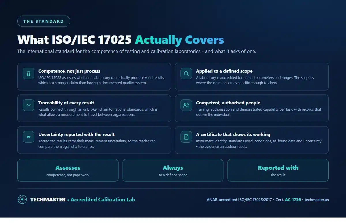 What ISO/IEC 17025 actually covers - competence rather than just process, applied to a defined scope, traceability of every result, competent and authorised people, uncertainty reported with the result, and a certificate that shows its working