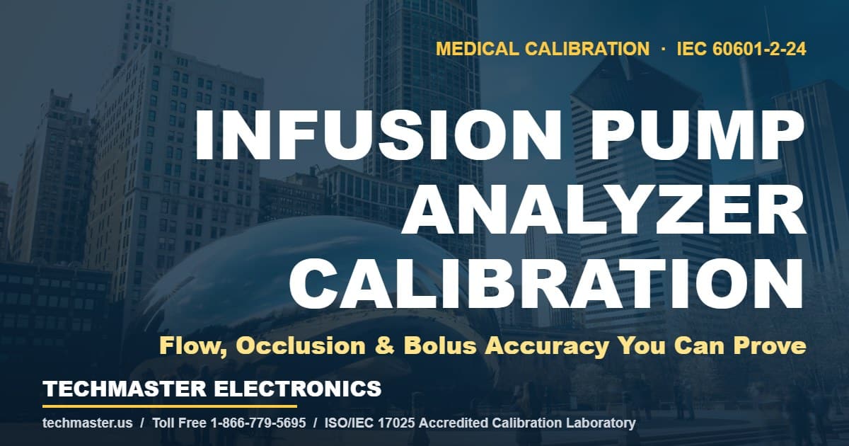 Infusion pump analyzer calibration — Techmaster Electronics ISO/IEC 17025 accredited medical calibration, Chicago skyline background