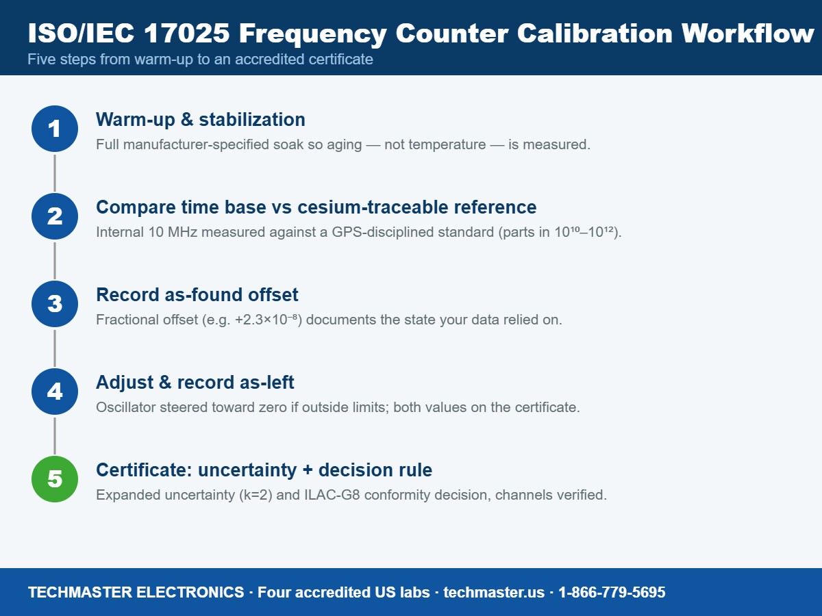 Five-step ISO/IEC 17025 frequency counter calibration workflow from warm-up to accredited certificate with ILAC-G8 decision rule
