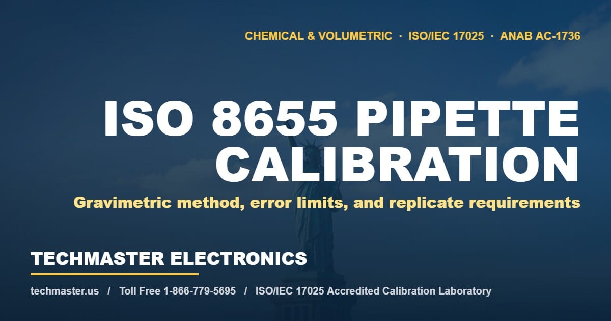 ISO 8655 pipette calibration gravimetric method — Techmaster Electronics ISO/IEC 17025 accredited calibration laboratory