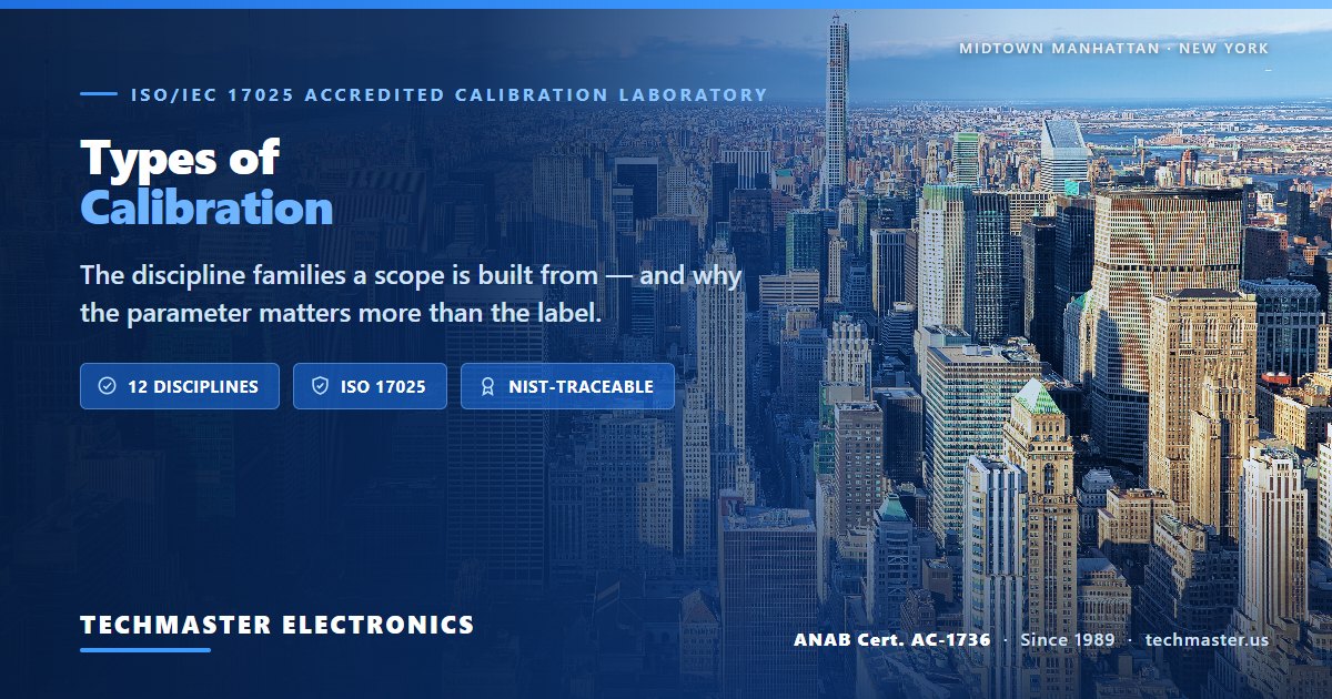 Types of calibration — the discipline families an accreditation scope is built from, from Techmaster Electronics