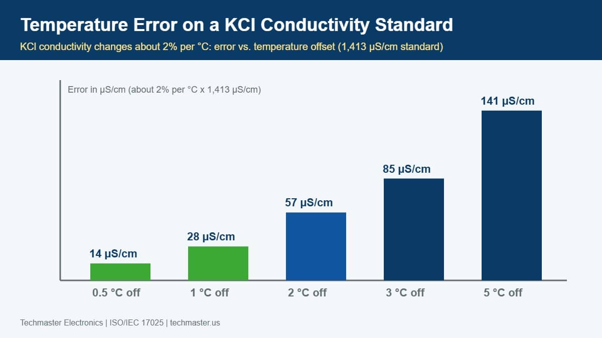 Bar chart of conductivity reading error in microsiemens per centimeter caused by temperature offsets from 0.5 to 5 degrees Celsius on a 1,413 microsiemens per centimeter KCl standard